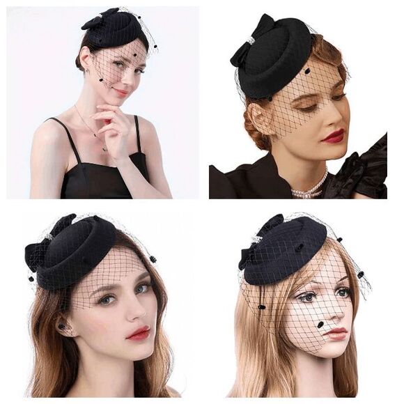 🖤 Pinup Accessory 1950s Retro Vintage Fascinator Black Pillbox Pearl Veil Hat - Picture 2 of 13